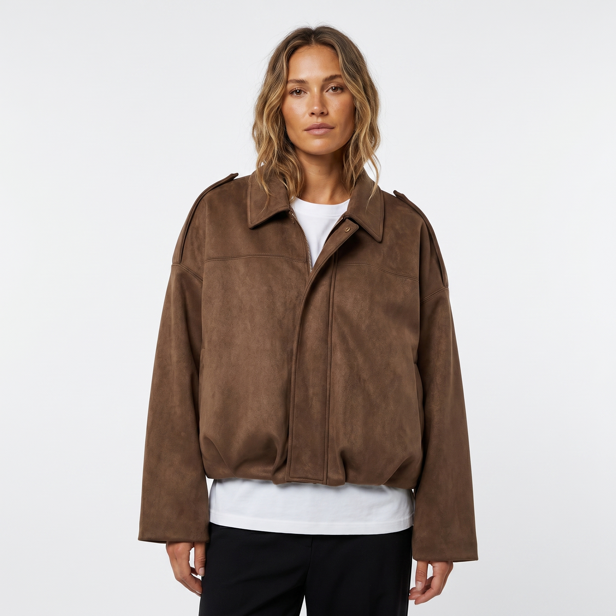 Women's Cropped Bomber Autumn Jacket Suede Drop-Shoulder