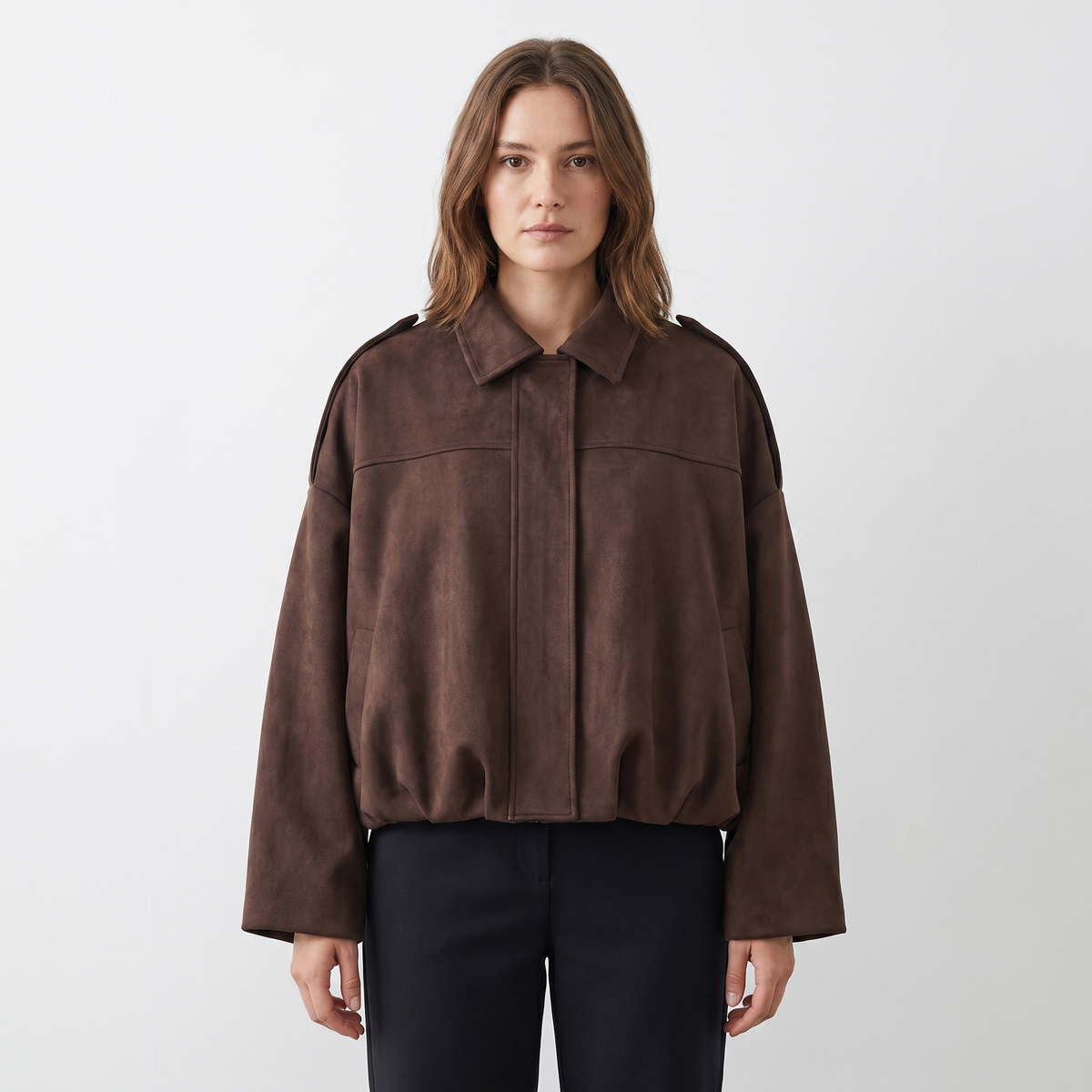 Women's Cropped Bomber Autumn Jacket Suede Drop-Shoulder