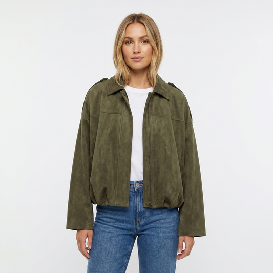 Women's Cropped Bomber Autumn Jacket Suede Drop-Shoulder