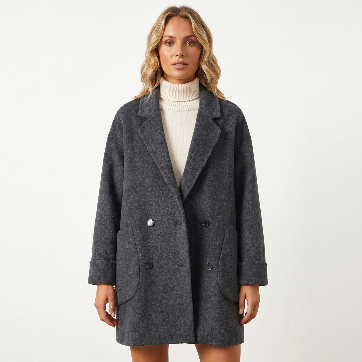 Women's Wool Double-Breasted Winter Coat Oversized Mid-Length