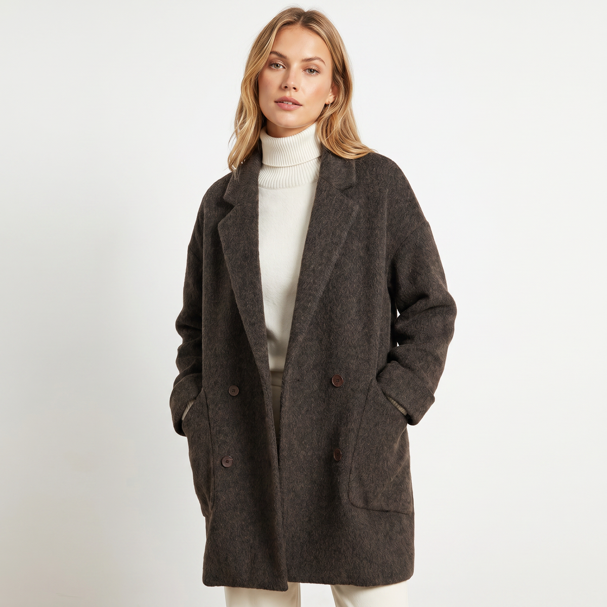 Women's Wool Double-Breasted Winter Coat Oversized Mid-Length