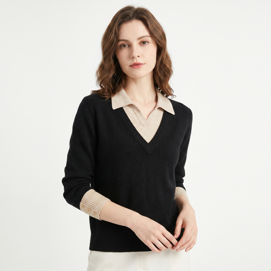 Maglione da donna – Scollo a V con colletto a camicia finto a strati