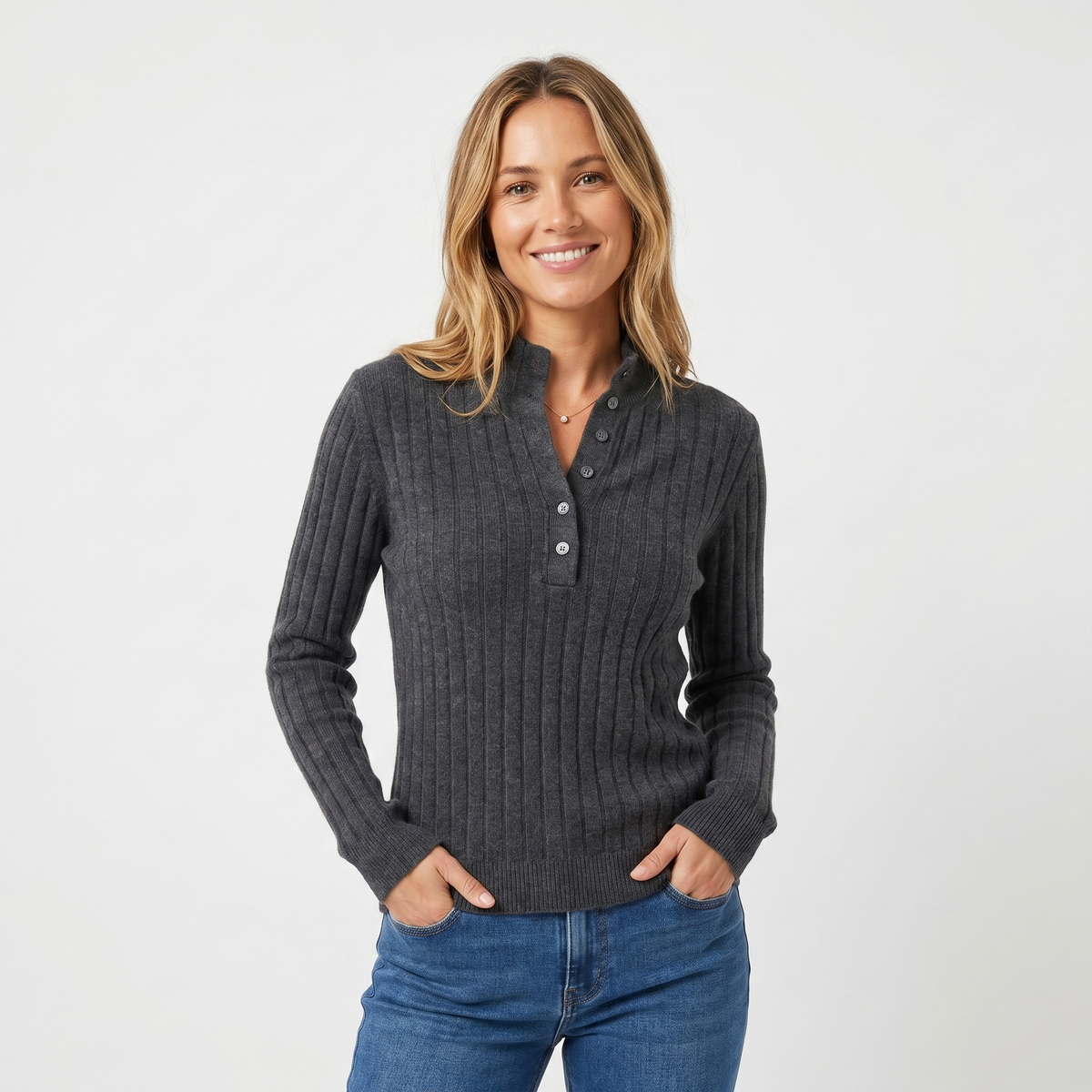 Women's Ribbed Knit Henley Stand Collar Long-Sleeve Winter