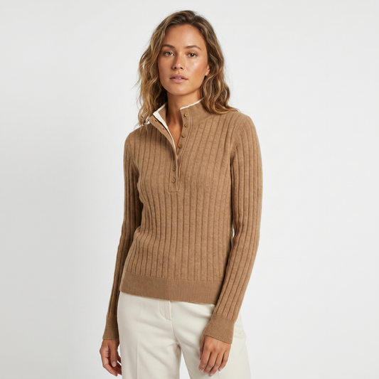 Women's Ribbed Knit Henley Stand Collar Long-Sleeve Winter