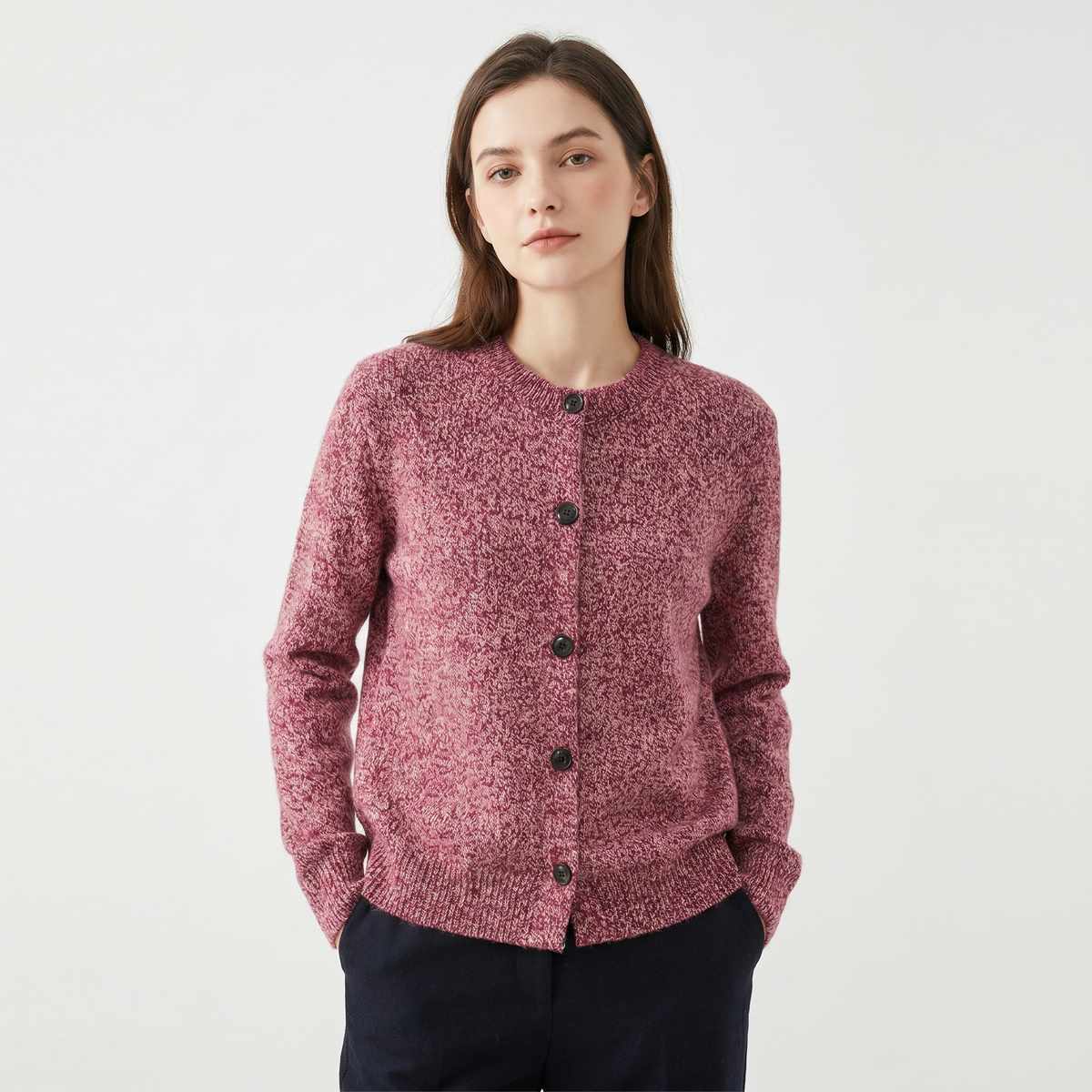 Women's Winter Cardigan Marl Knit Button-Through Crew-Neck