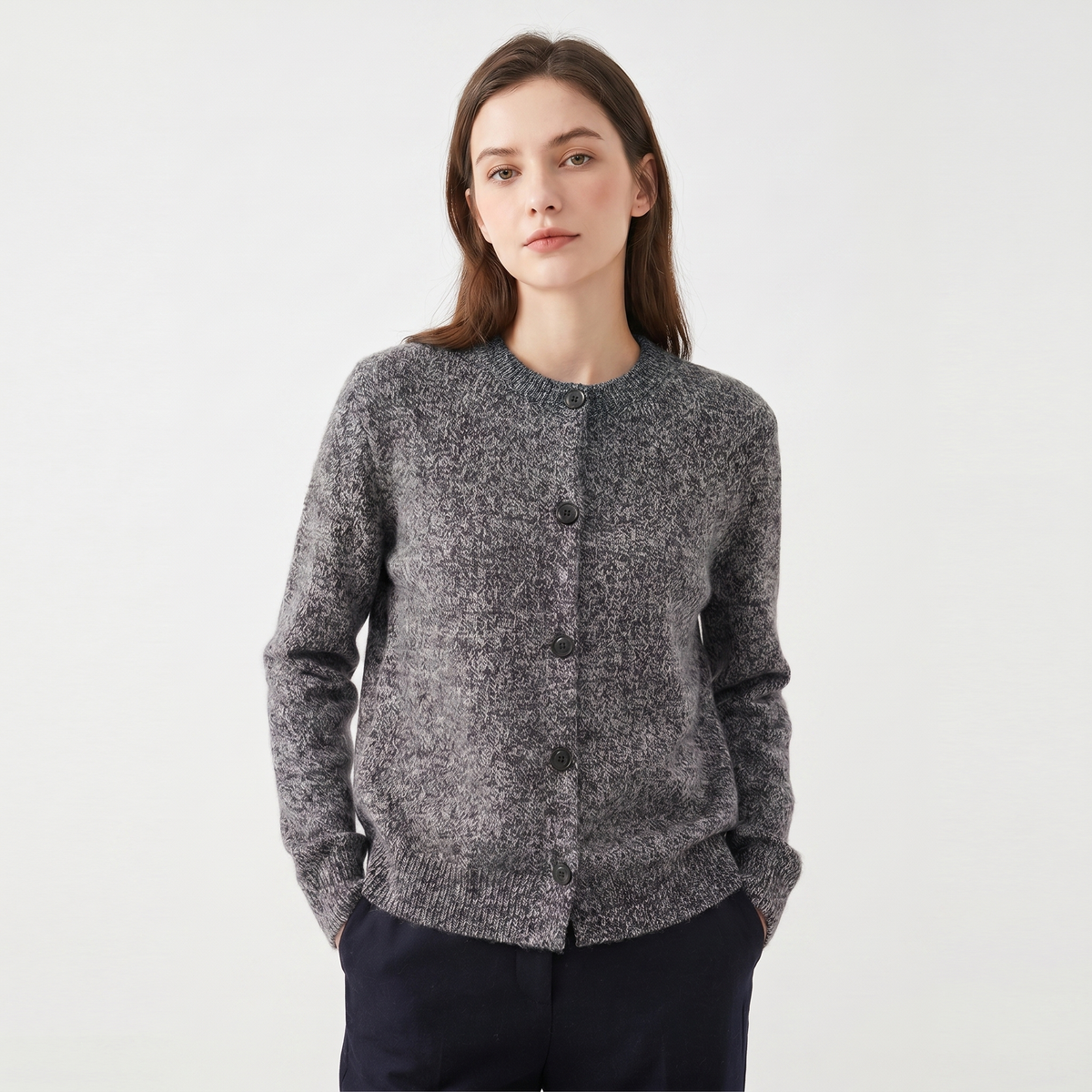 Women's Winter Cardigan Marl Knit Button-Through Crew-Neck