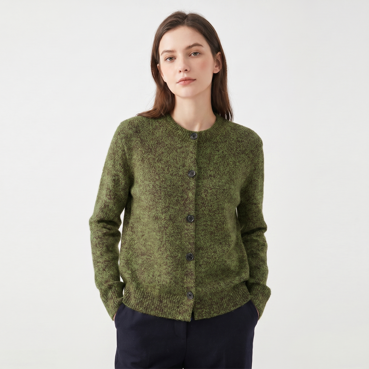 Women's Winter Cardigan Marl Knit Button-Through Crew-Neck