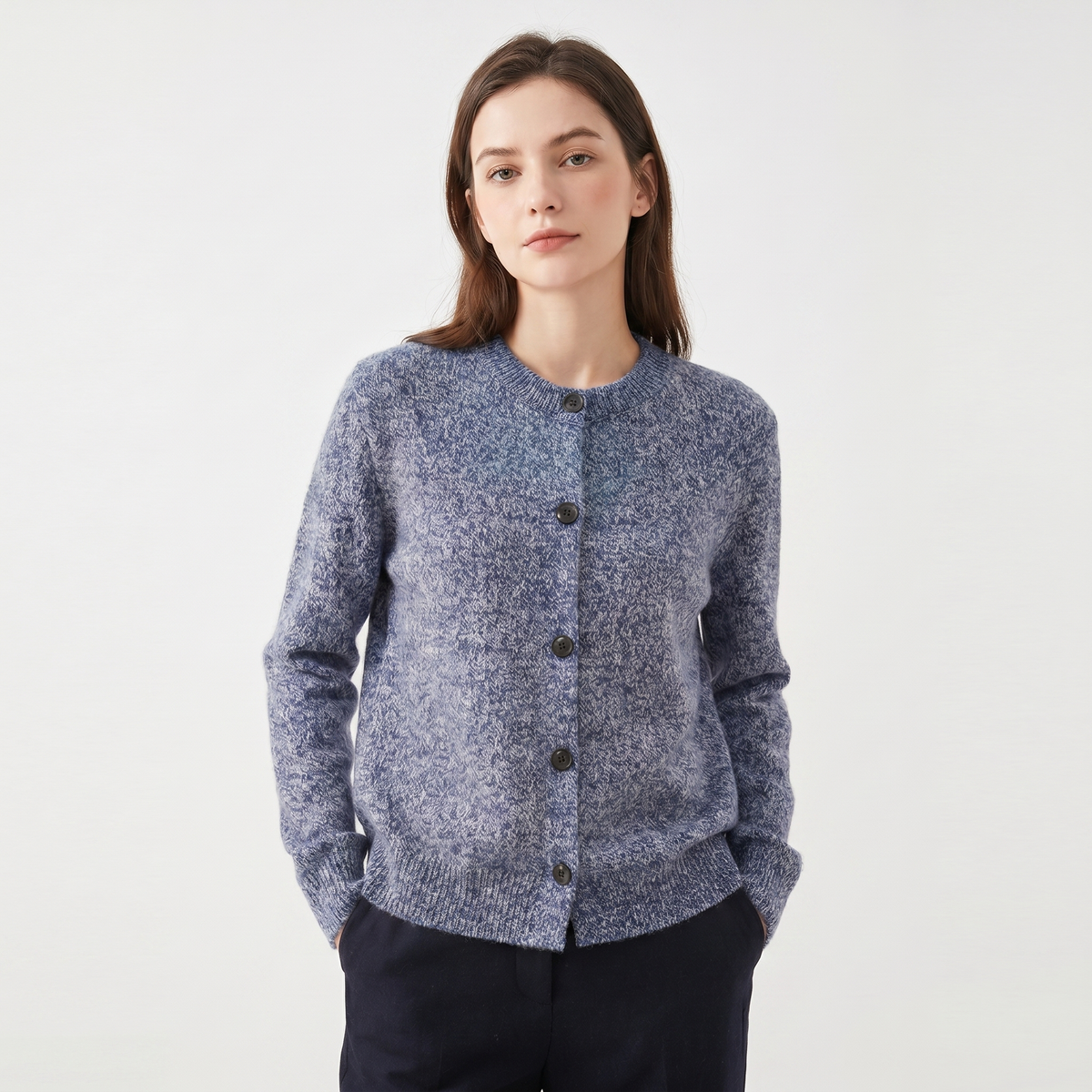 Women's Winter Cardigan Marl Knit Button-Through Crew-Neck