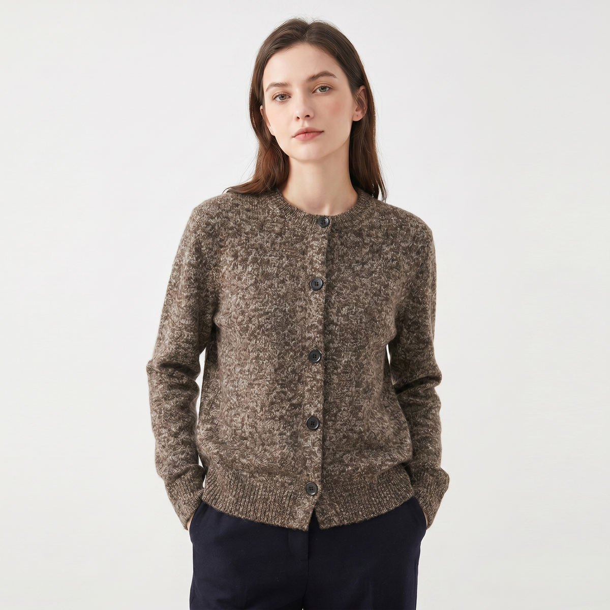 Women's Winter Cardigan Marl Knit Button-Through Crew-Neck