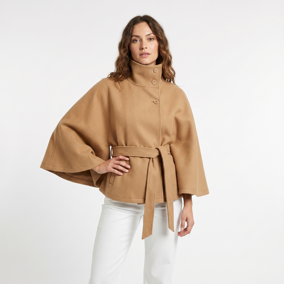 Women's Cape Winter Jacket Belted Wool-Look Funnel-Neck Cropped