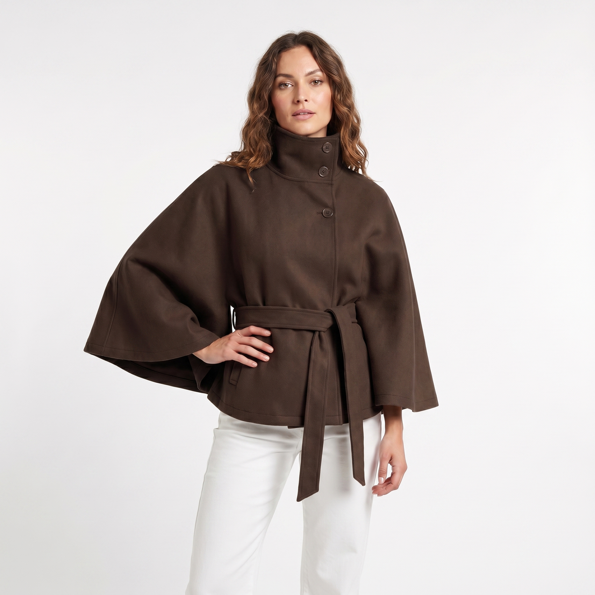 Women's Cape Winter Jacket Belted Wool-Look Funnel-Neck Cropped