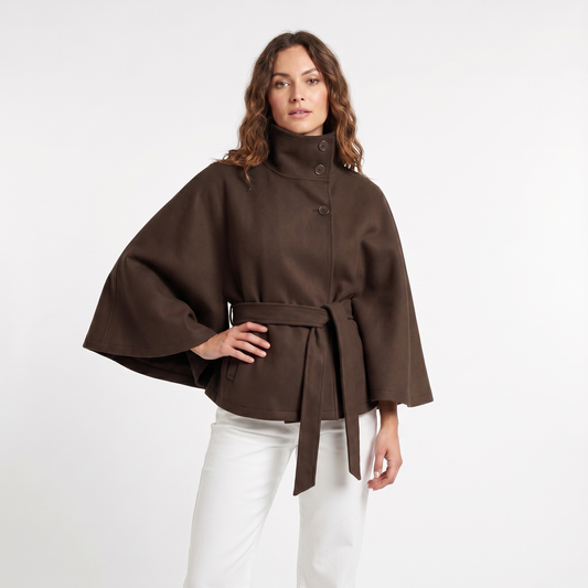 Women's Cape Winter Jacket Belted Wool-Look Funnel-Neck Cropped
