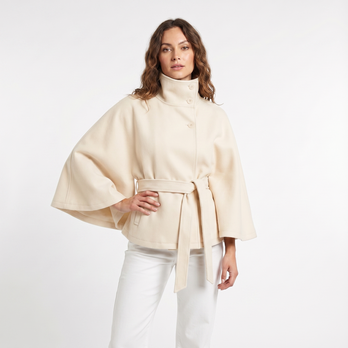 Women's Cape Winter Jacket Belted Wool-Look Funnel-Neck Cropped