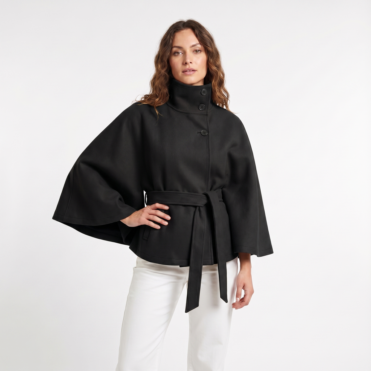Women's Cape Winter Jacket Belted Wool-Look Funnel-Neck Cropped