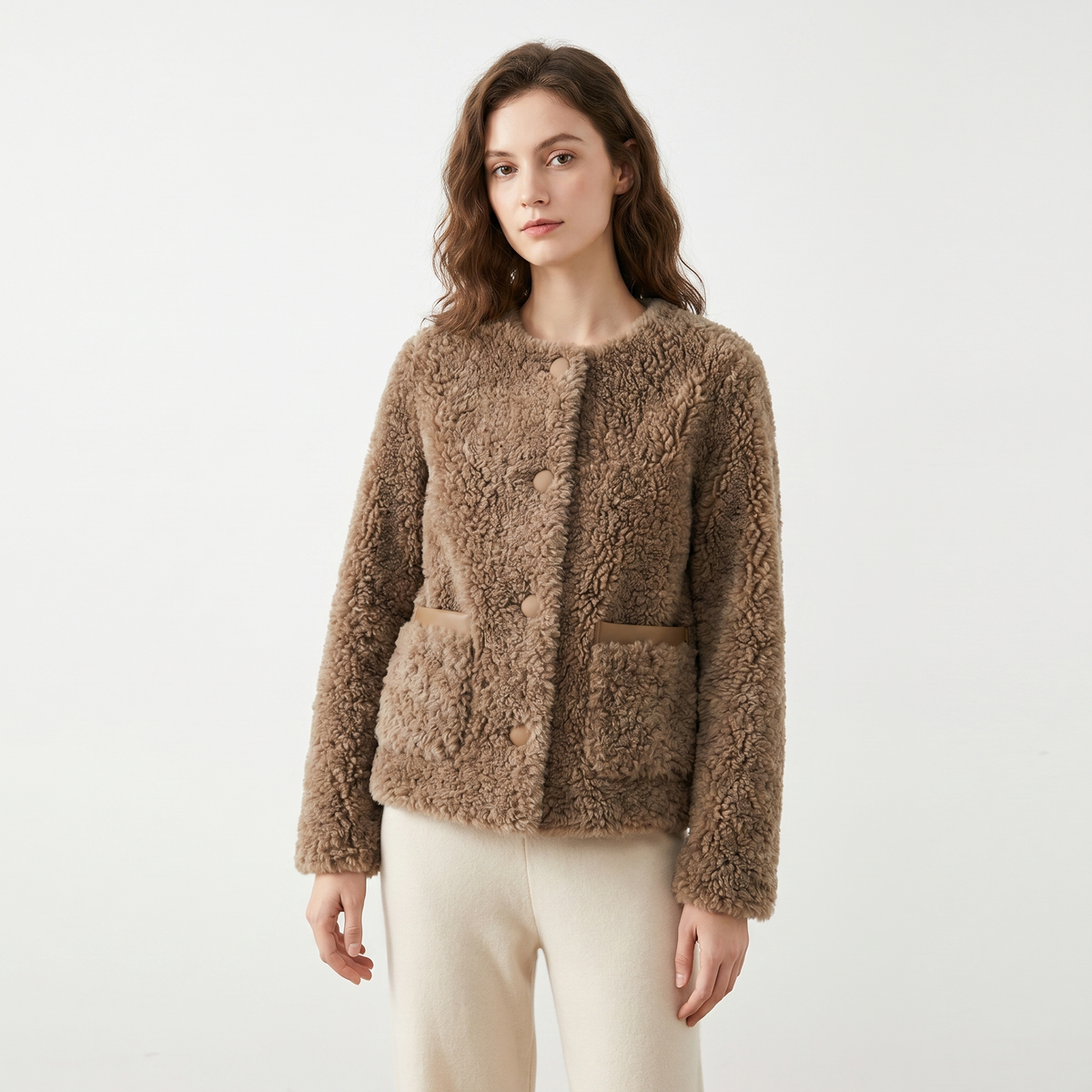 Women's Sherpa Winter Jacket Cropped Collarless Teddy Patch Pocket