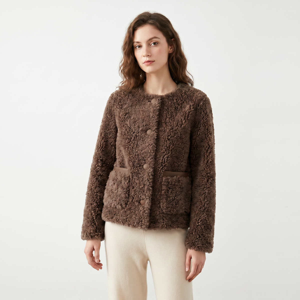 Women's Sherpa Winter Jacket Cropped Collarless Teddy Patch Pocket