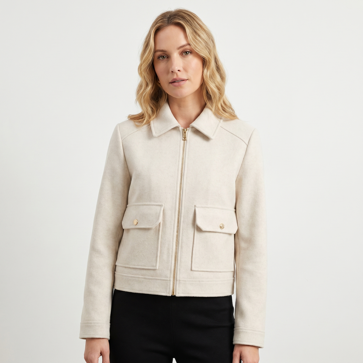 Women's Wool Jacket Cropped Zip-Up Point Collar Gold Hardware