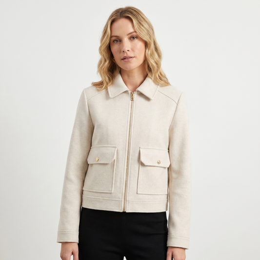Women's Wool Jacket Cropped Zip-Up Point Collar Gold Hardware