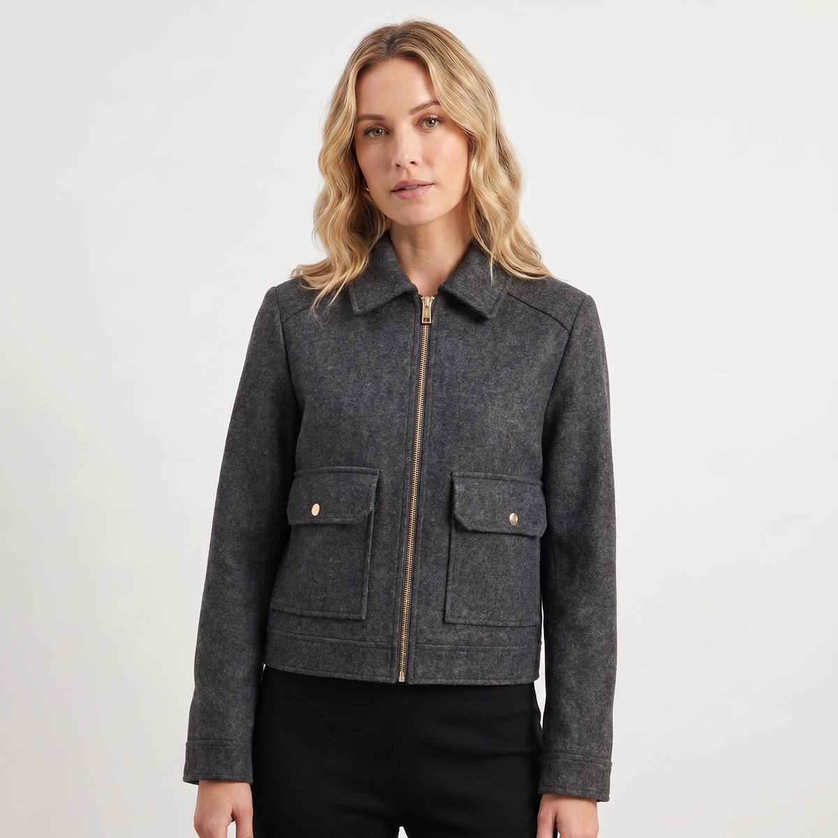 Women's Wool Jacket Cropped Zip-Up Point Collar Gold Hardware