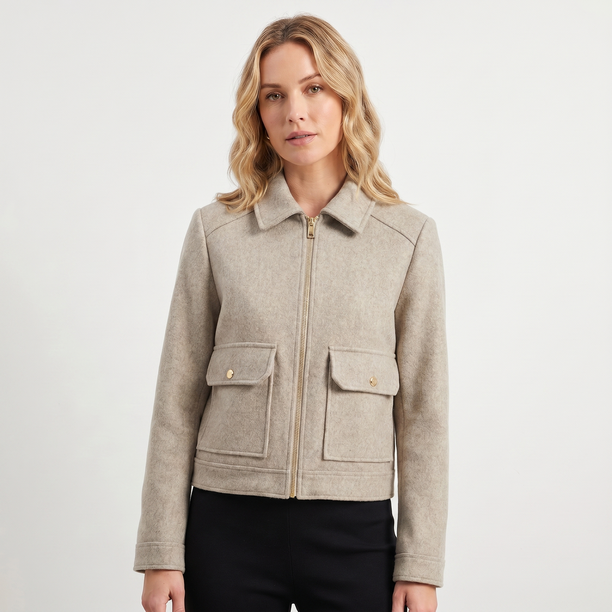 Women's Wool Jacket Cropped Zip-Up Point Collar Gold Hardware