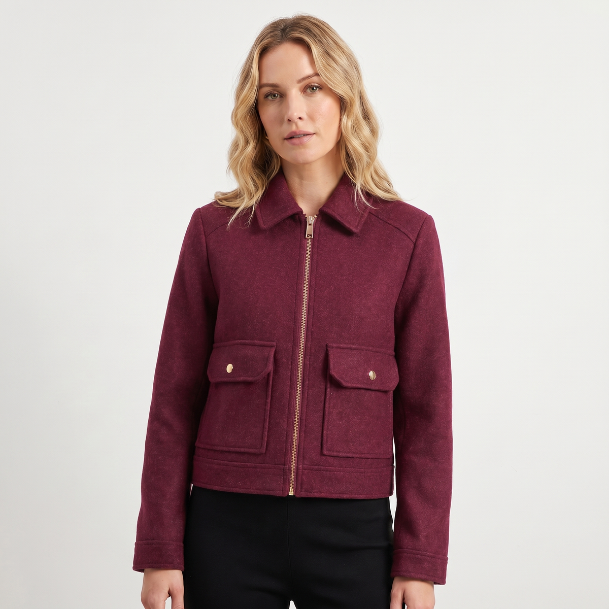 Women's Wool Jacket Cropped Zip-Up Point Collar Gold Hardware