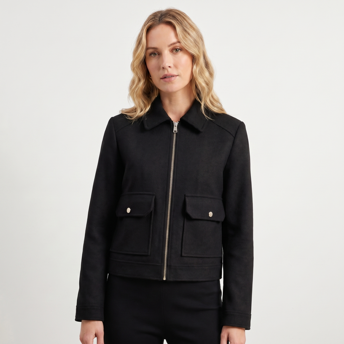 Women's Wool Jacket Cropped Zip-Up Point Collar Gold Hardware