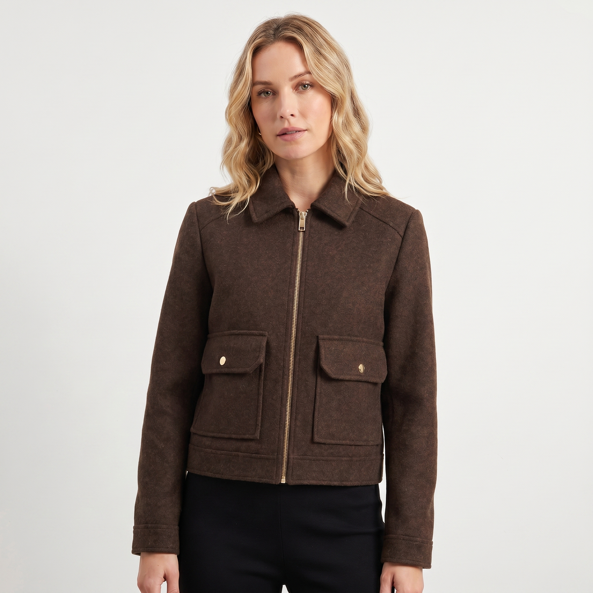 Women's Wool Jacket Cropped Zip-Up Point Collar Gold Hardware