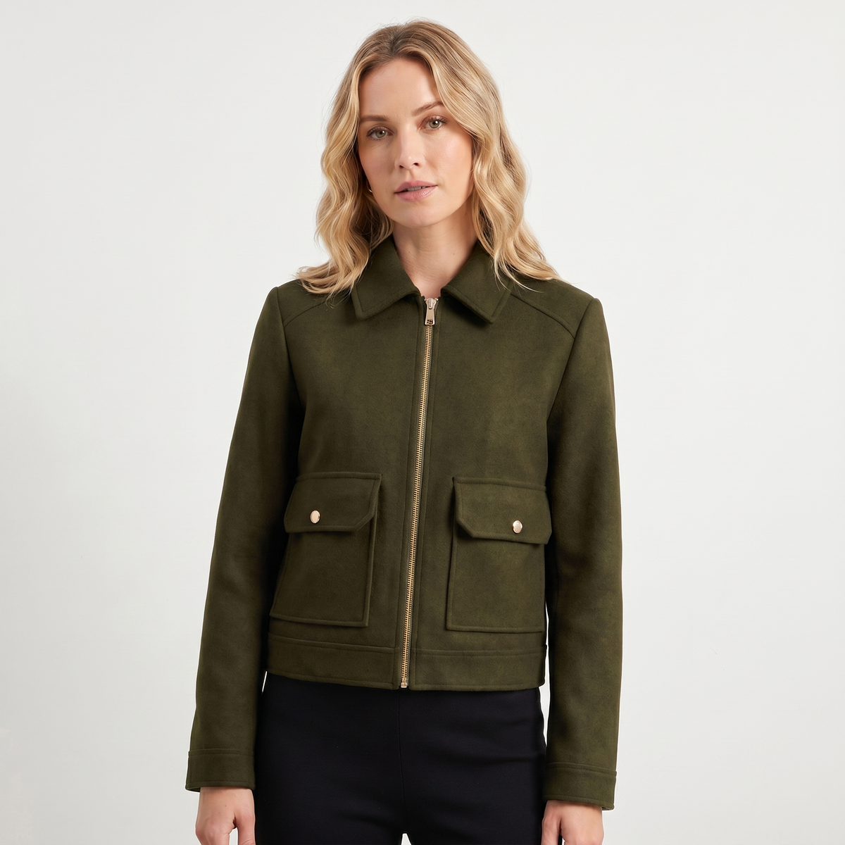 Women's Wool Jacket Cropped Zip-Up Point Collar Gold Hardware