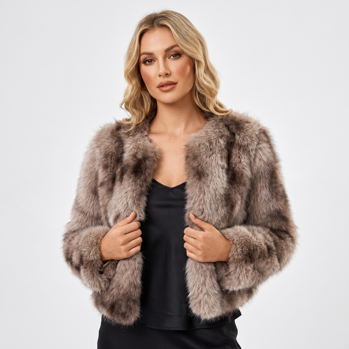 Women's Faux-Fur Winter Jacket Cropped Open-Front Evening Wear