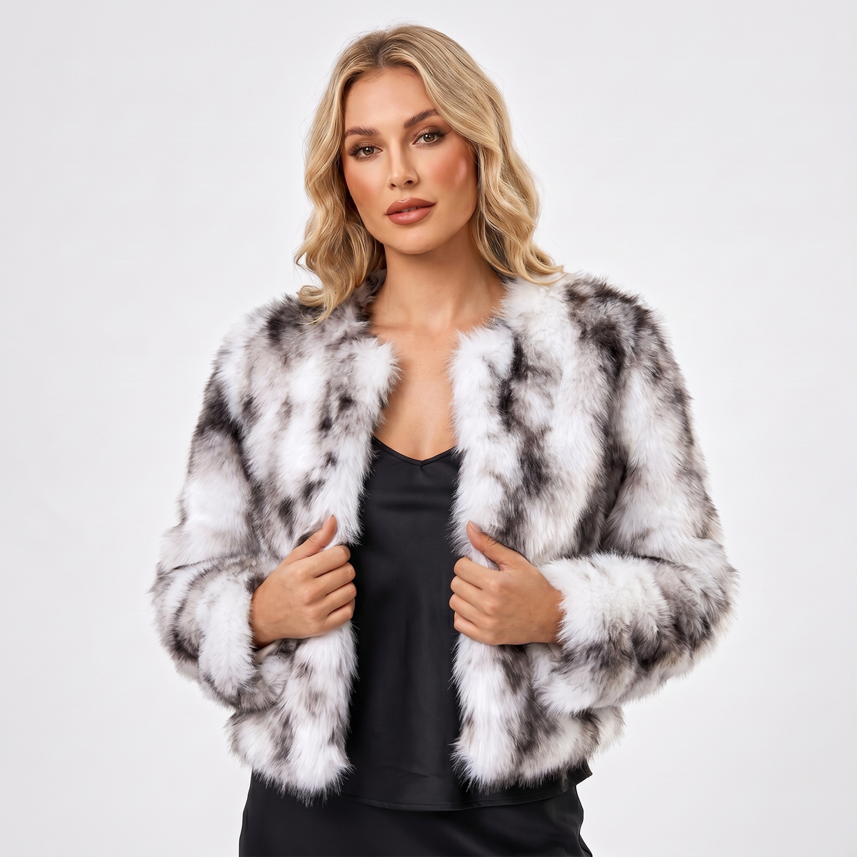 Women's Faux-Fur Winter Jacket Cropped Open-Front Evening Wear