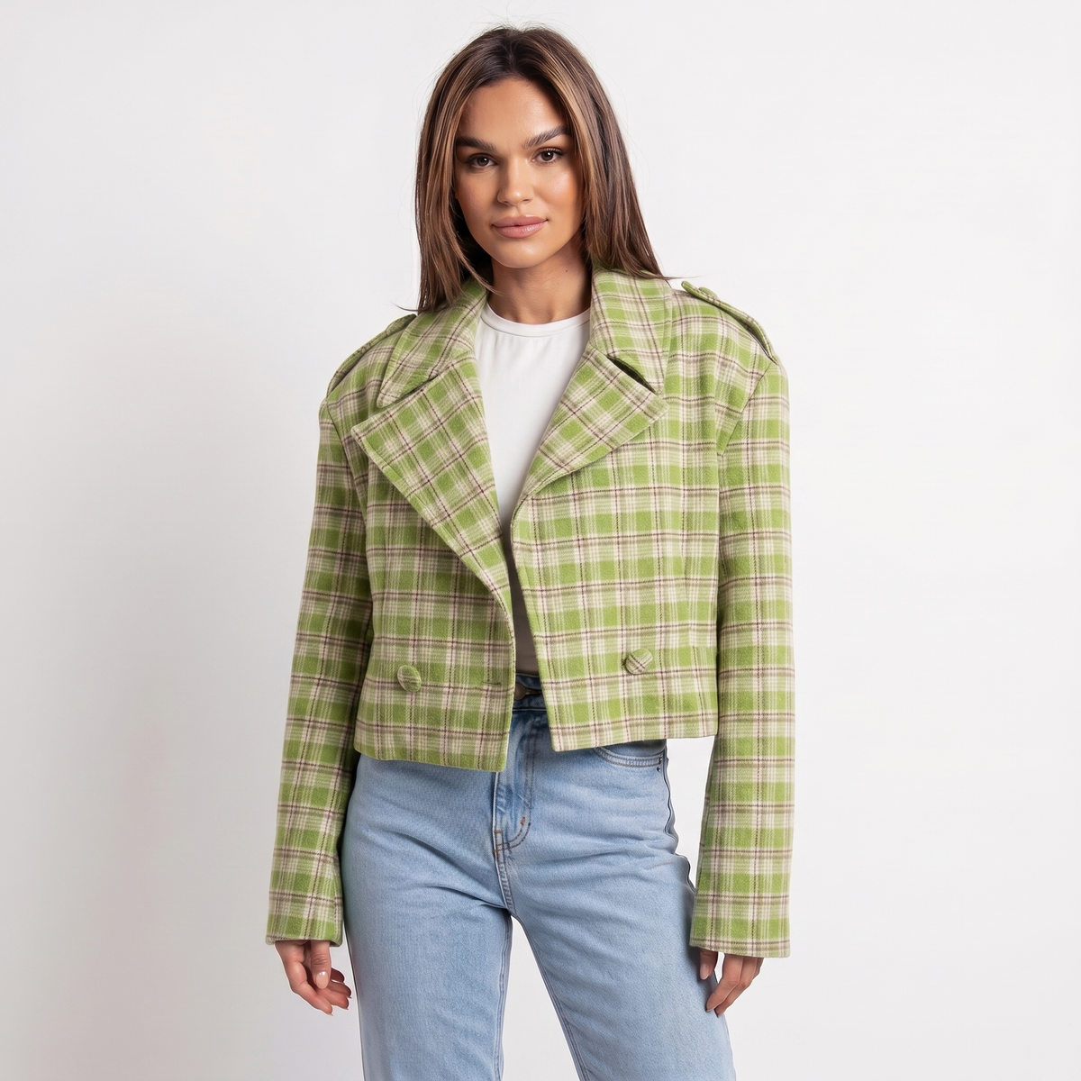 Women's Wool Cropped Jacket Oversized Check Notch Lapel Boxy