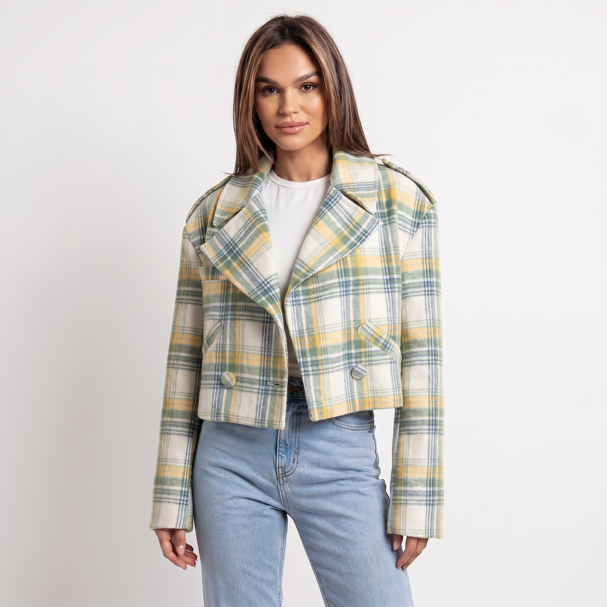 Women's Wool Cropped Jacket Oversized Check Notch Lapel Boxy
