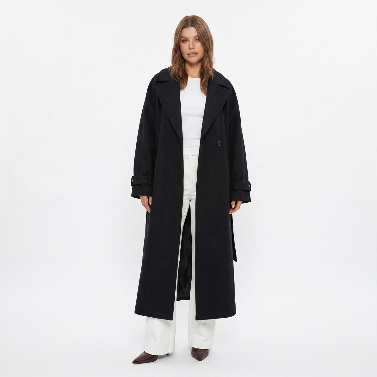 Women's Wool Long Winter Coat Oversized Maxi Notch Lapel Belted