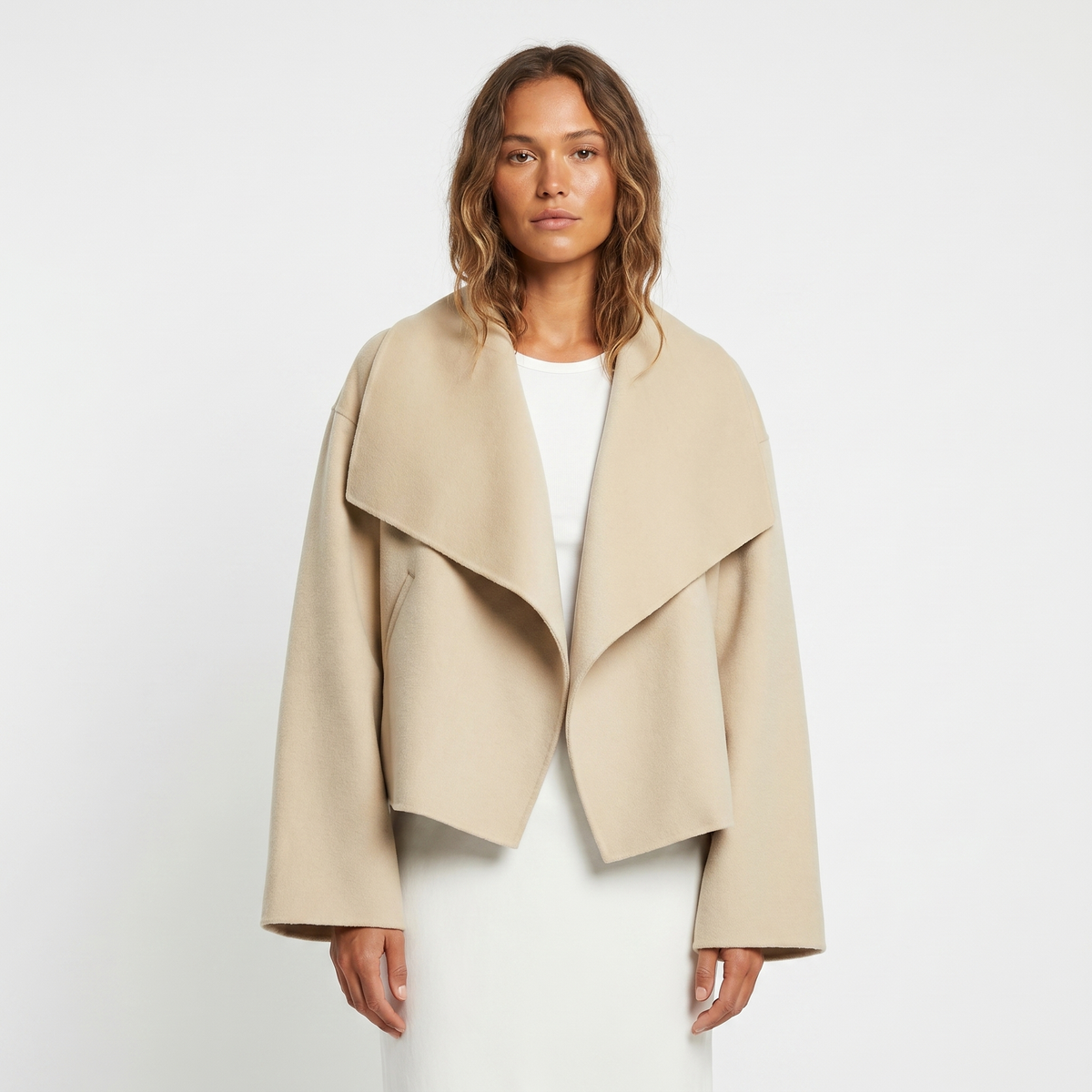 Women's Cropped Winter Coat Waterfall Lapel Wool-Look Boxy Open-Front