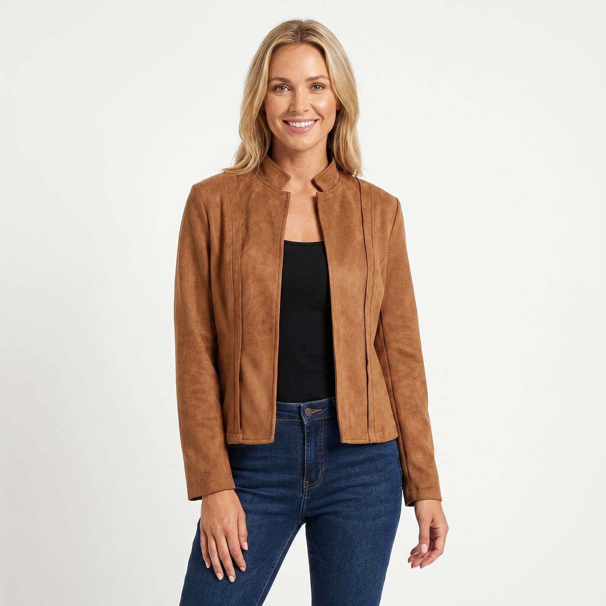 Women's Suede Jacket Open-Front Stand Collar Seam Panel Fitted