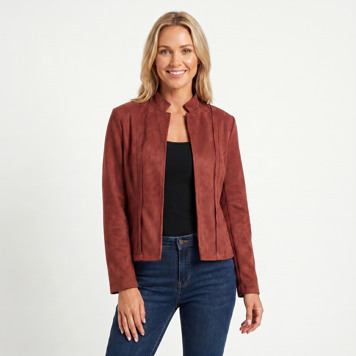 Women's Suede Jacket Open-Front Stand Collar Seam Panel Fitted