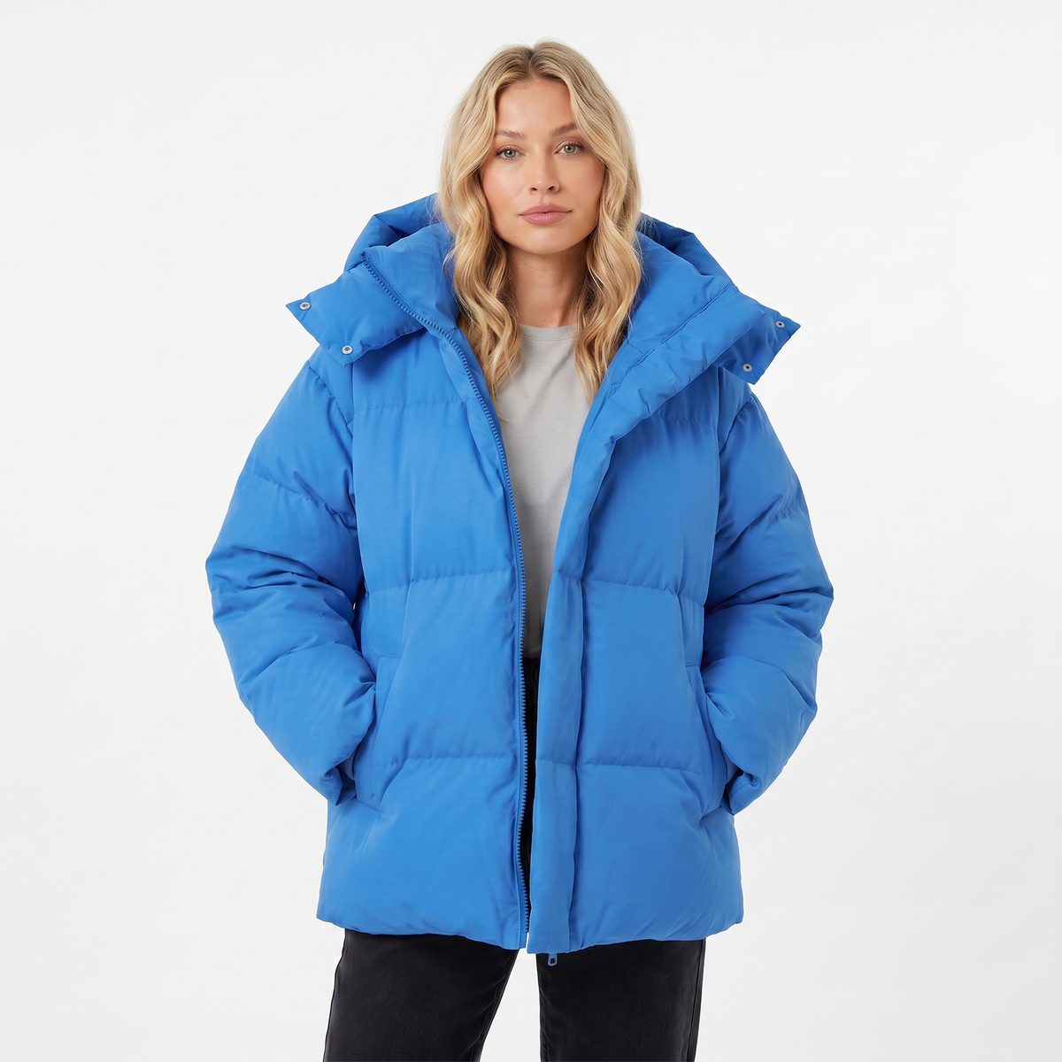 Women's Puffer Winter Jacket Oversized Hooded Baffle Channel Hip Length
