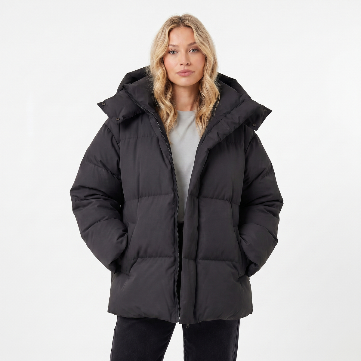 Women's Puffer Winter Jacket Oversized Hooded Baffle Channel Hip Length