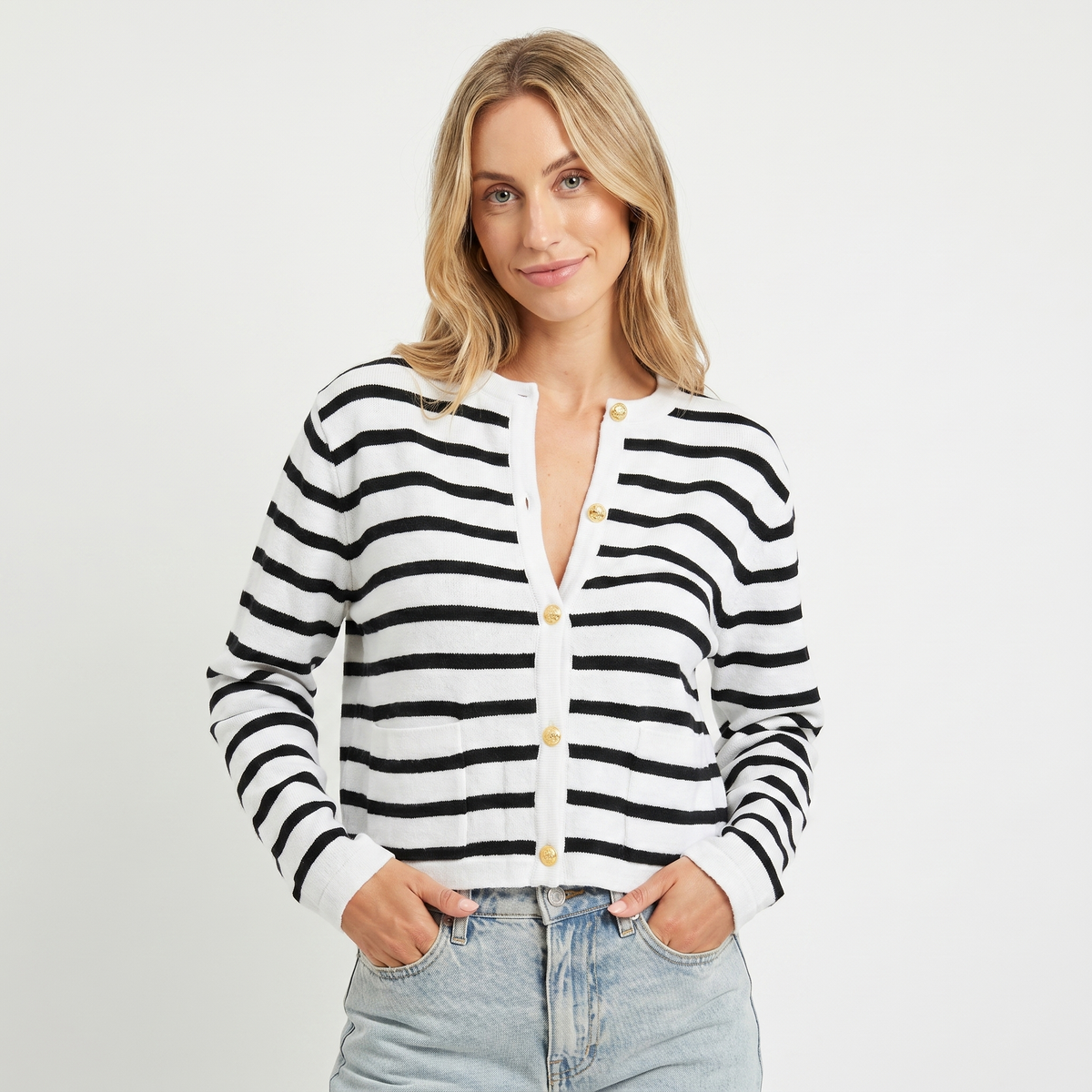 Women's Cropped Winter Cardigan Stripe Knit Gold Button Crew-Neck