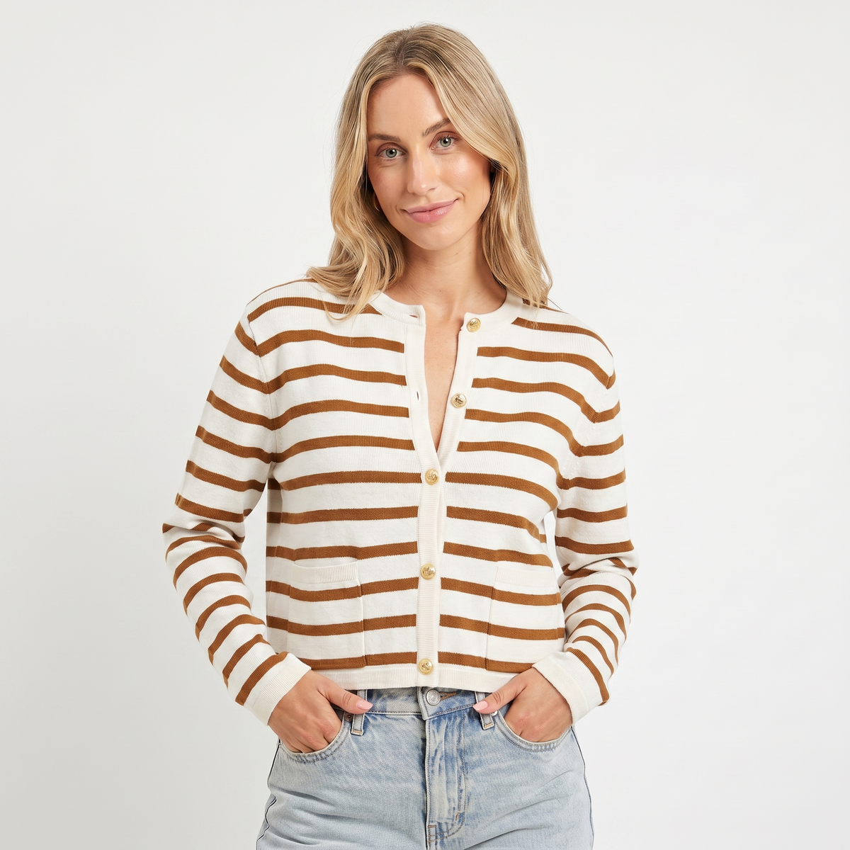 Women's Cropped Winter Cardigan Stripe Knit Gold Button Crew-Neck