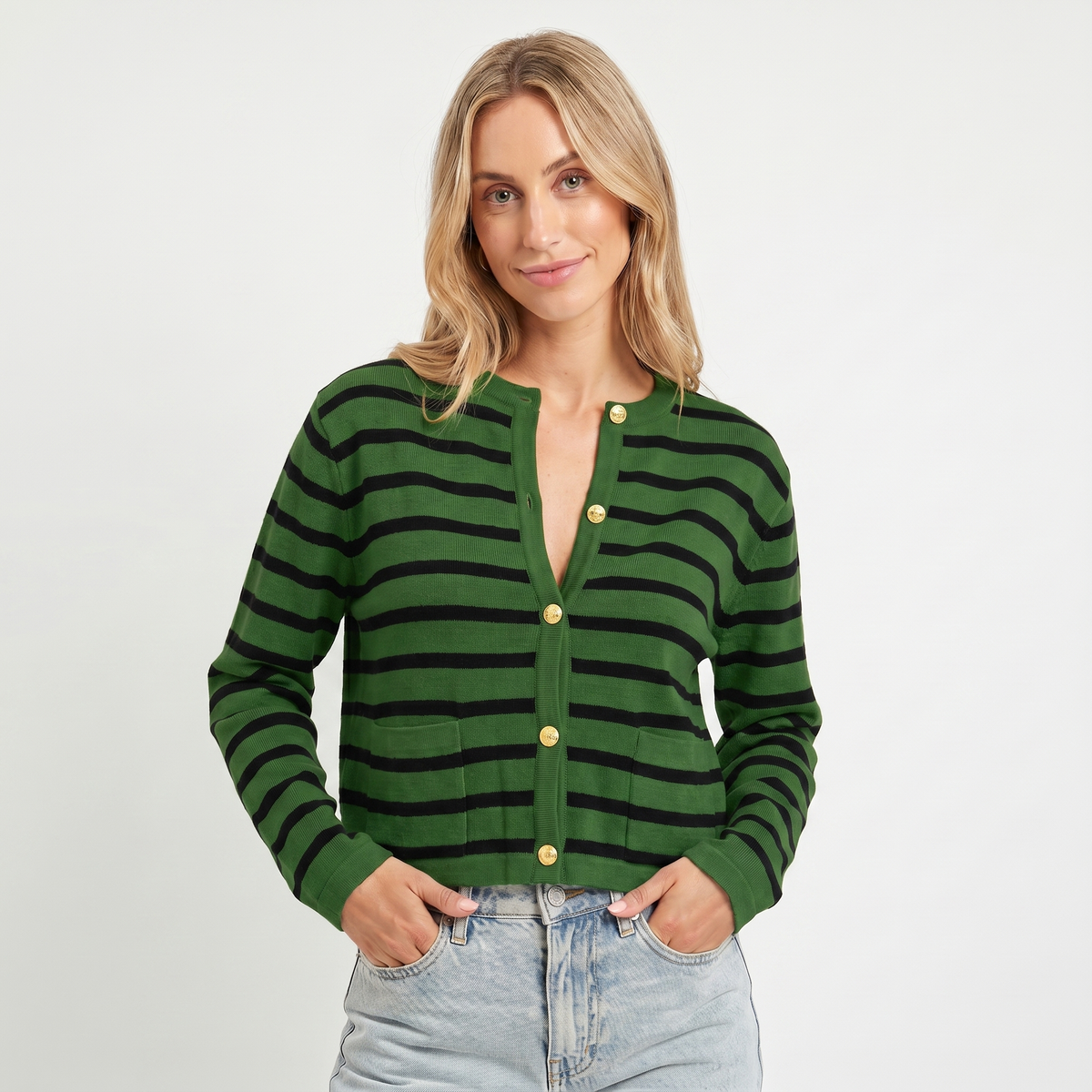 Women's Cropped Winter Cardigan Stripe Knit Gold Button Crew-Neck