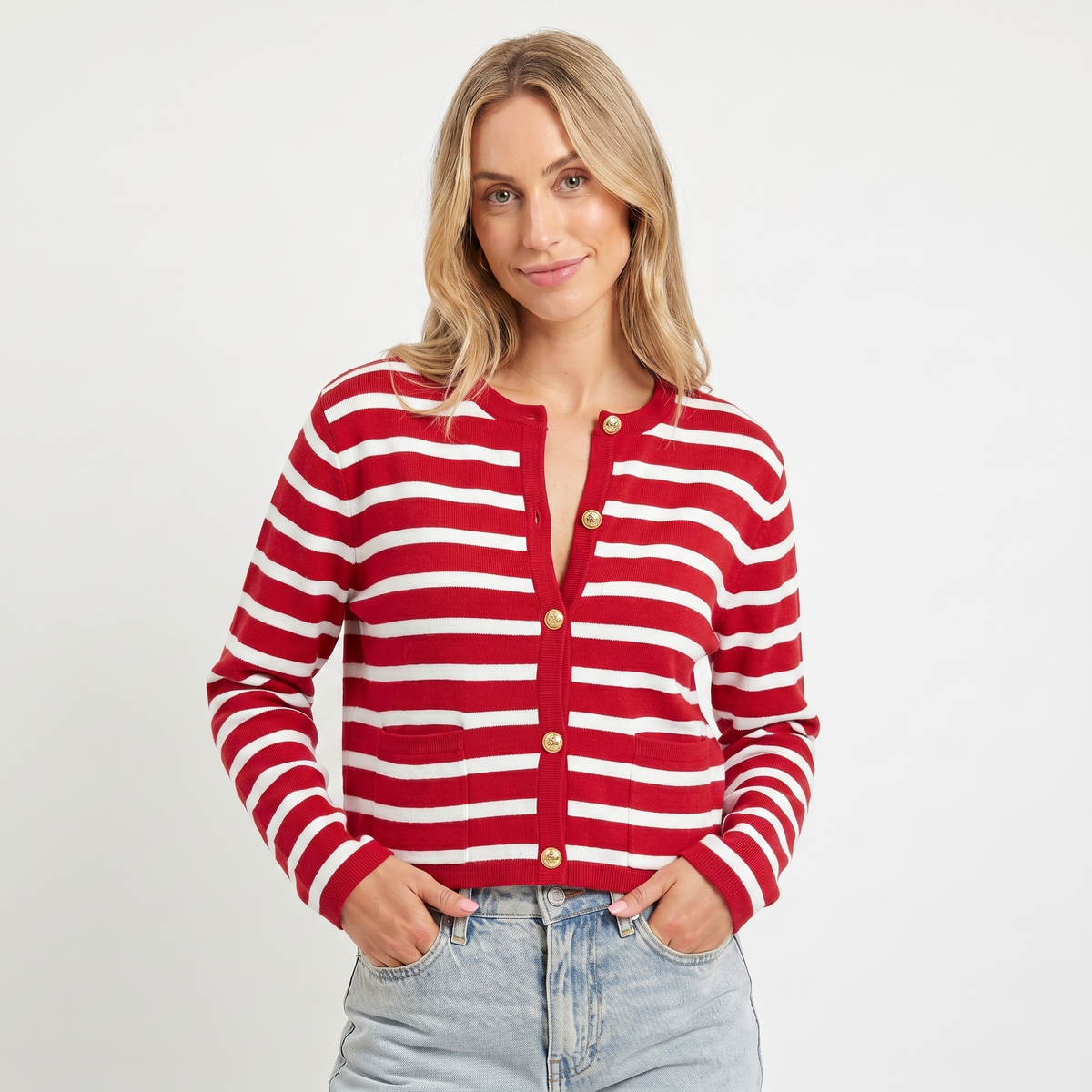 Women's Cropped Winter Cardigan Stripe Knit Gold Button Crew-Neck