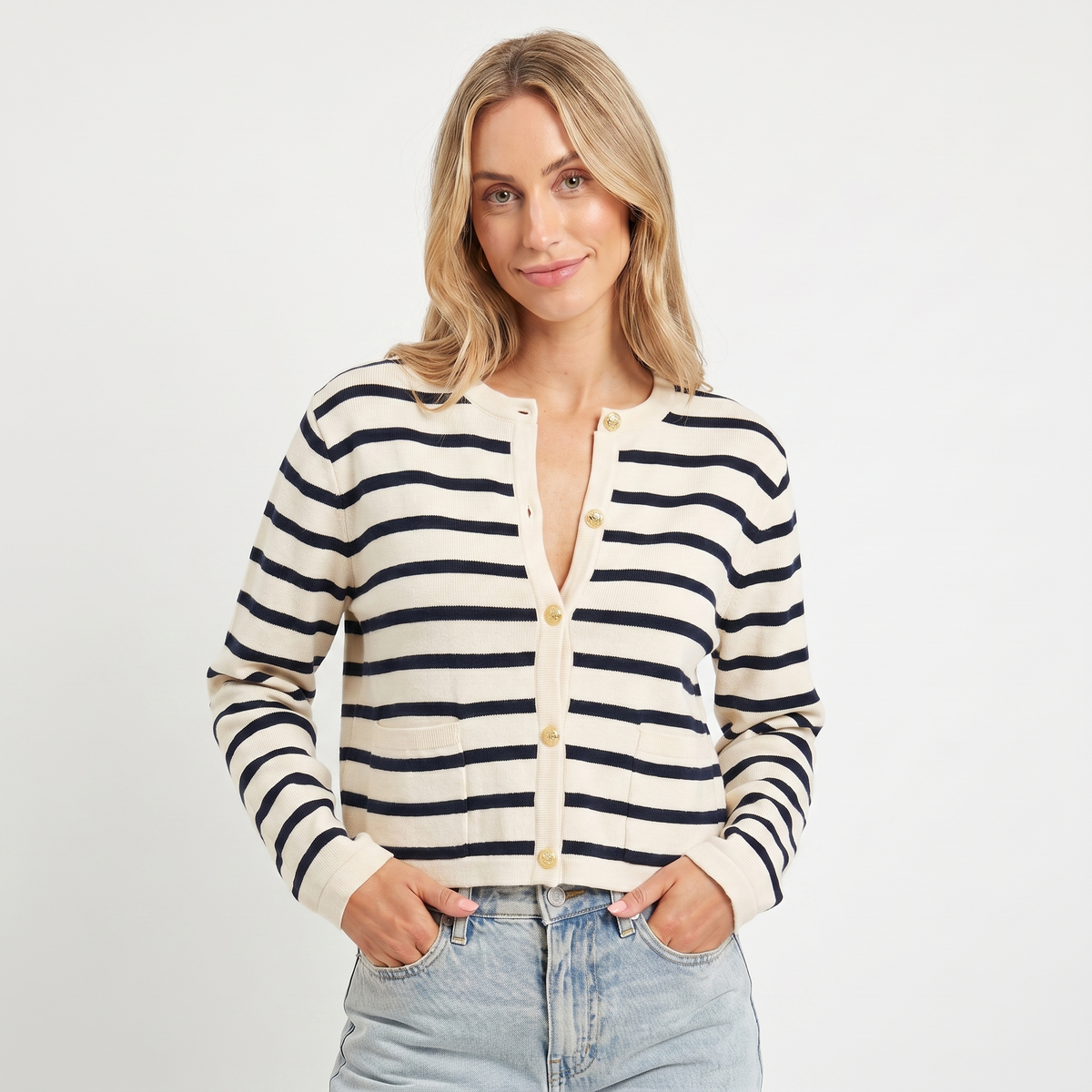 Women's Cropped Winter Cardigan Stripe Knit Gold Button Crew-Neck