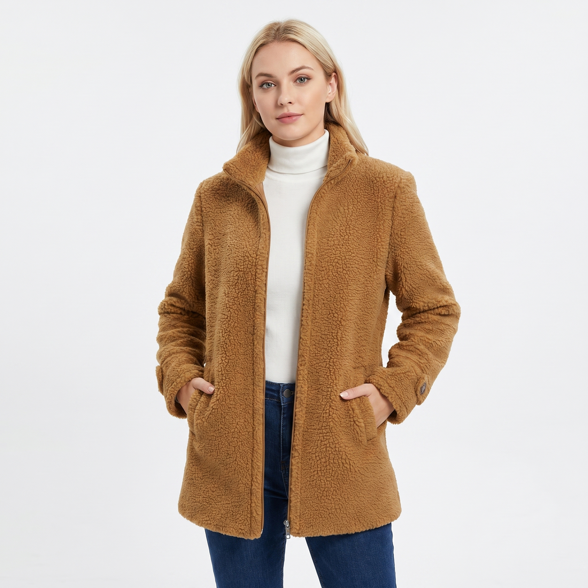 Women's Sherpa Winter Coat Teddy Bouclé Mid-Length Zip Stand Collar