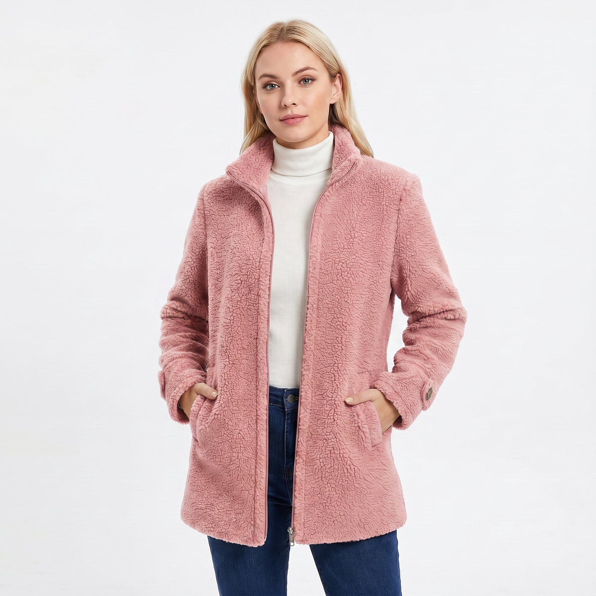 Women's Sherpa Winter Coat Teddy Bouclé Mid-Length Zip Stand Collar