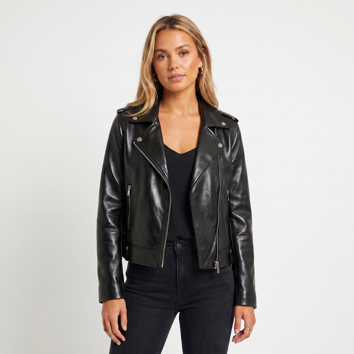 Women's Leather Autumn Jacket Biker Asymmetric Zip Notch Lapel Cropped