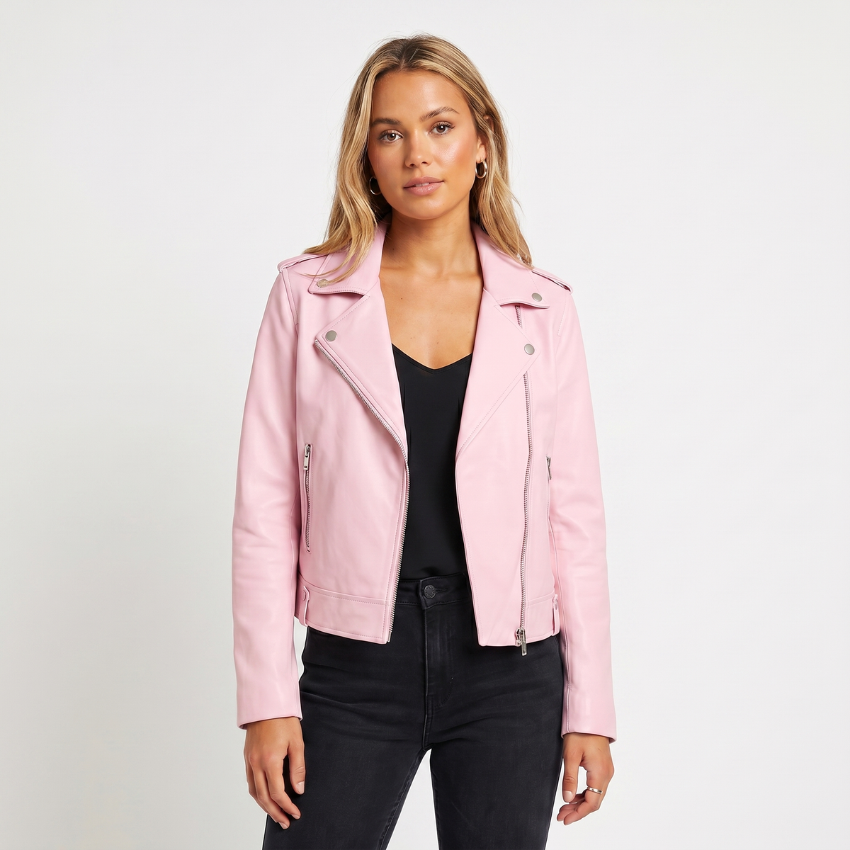 Women's Leather Autumn Jacket Biker Asymmetric Zip Notch Lapel Cropped