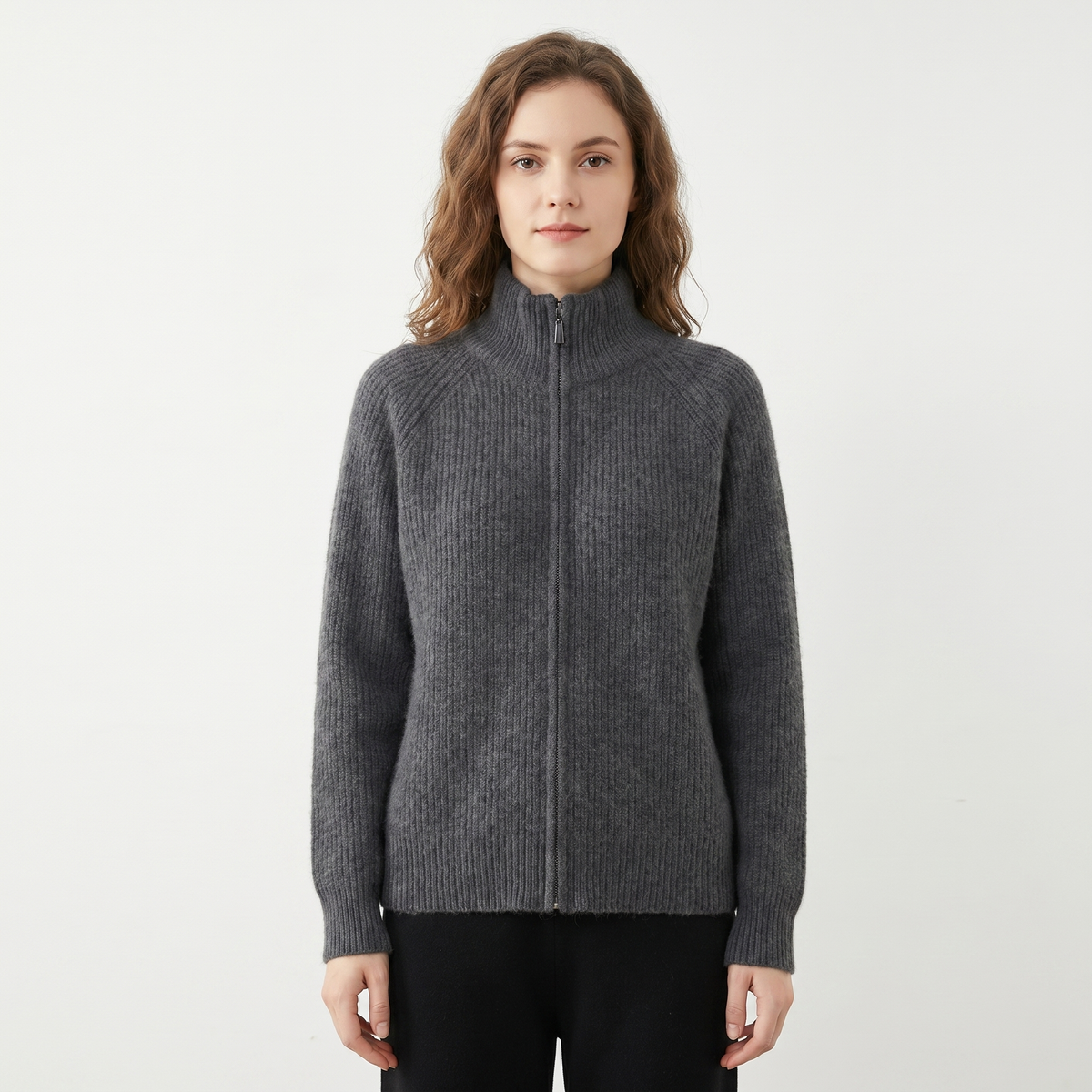 Women's Fluffy Winter Cardigan Ribbed Zip-Up Funnel-Neck Knit Fitted