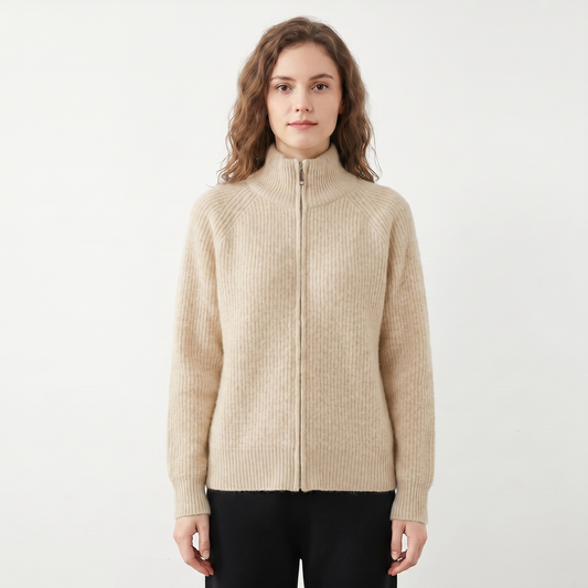 Women's Fluffy Winter Cardigan Ribbed Zip-Up Funnel-Neck Knit Fitted