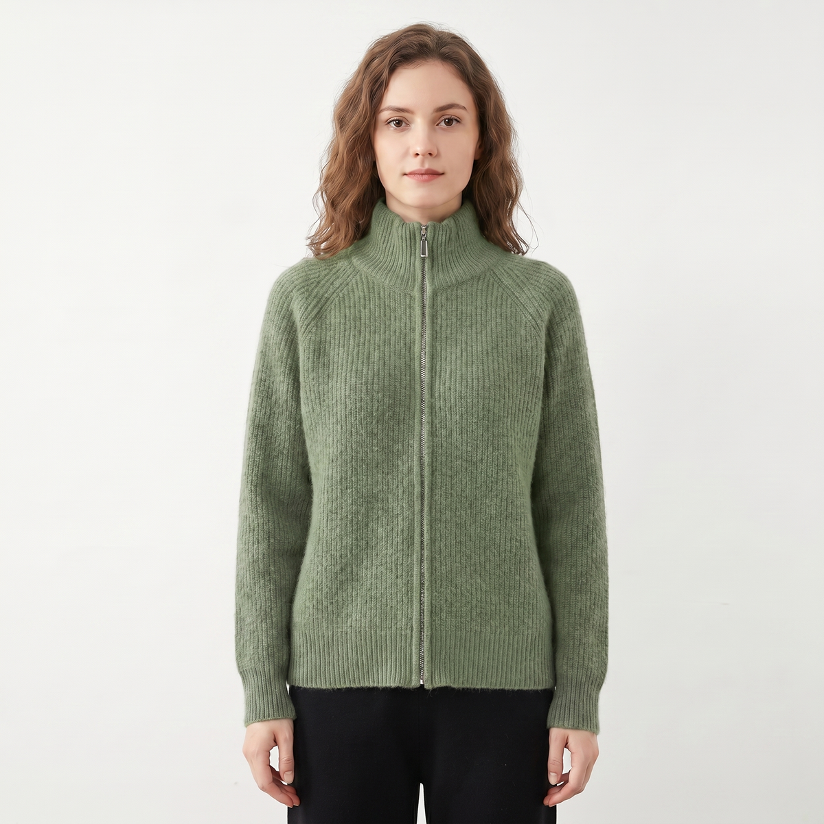 Women's Fluffy Winter Cardigan Ribbed Zip-Up Funnel-Neck Knit Fitted